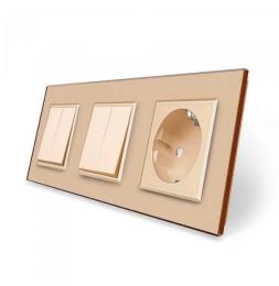 Комплект двоклавішних вимикачів з розеткою золотий скло Livolo (VL-C7K2/K2/FCTC16A-6AP)