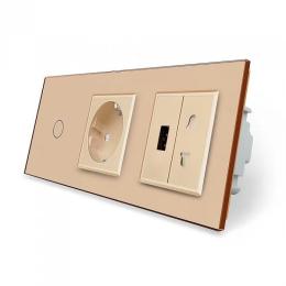 Сенсорний прохідний вимикач 1 сенсор 1 розетка 1 USB 1 Розетка універсальна золотий скло Livolo