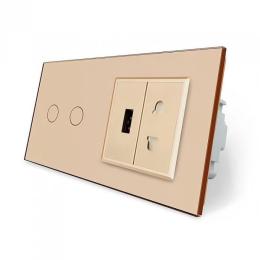 Сенсорний прохідний вимикач 2 сенсори 1 розетка 1 USB золотий скло Livolo (VL-C702S/C7USBC1A-13)