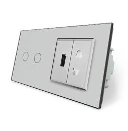 Сенсорний прохідний вимикач 2 сенсори 1 розетка 1 USB сірий скло Livolo (VL-C702S/C7USBC1A-15)