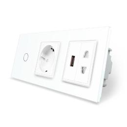 Розумний сенсорний прохідний вимикач 1 сенсор 1 розетка 1 USB 1 Розетка універсальна білий скло Livolo