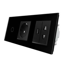 Розумний сенсорний прохідний вимикач 1 сенсор 1 розетка 1 USB 1 Розетка універсальна чорний скло Livolo