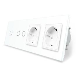 Сенсорний вимикач 3 сенсора 2 розетки Livolo білий скло (VL-C701/C702/C7C2EU-11)
