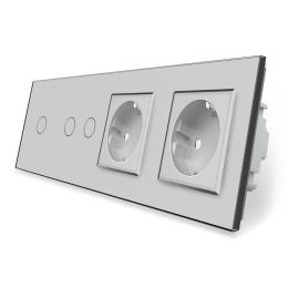 Сенсорний вимикач 3 сенсора 2 розетки Livolo сірий скло (VL-C701/C702/C7C2EU-15)