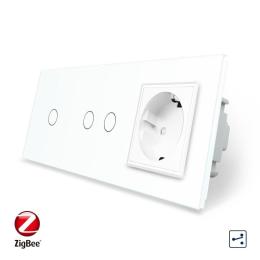 Розумний сенсорний прохідний/перехресний вимикач 3 сенсора (1-2) 1 розетка Livolo білий скло (VL-C701SZ/C702SZ/C7C1EU-11)