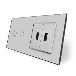 Сенсорний вимикач 2 сенсори 2 USB сірий скло Livolo (VL-C702/2USB-15)