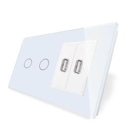 Сенсорний вимикач 2 канали Livolo з двумя USB розетками білий скло (VL-C702/2USB-11)