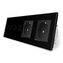 Сенсорний вимикач 4 сенсора 2 розетки Livolo чорний скло (VL-C702/C702/C7C2EU-12)