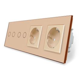 Сенсорний вимикач 4 сенсора 2 розетки Livolo золото скло (VL-C702/C702/C7C2EU-13)