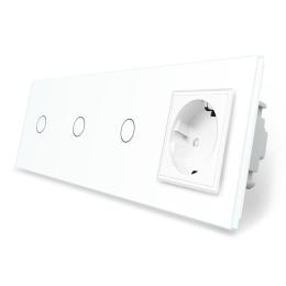 Сенсорний вимикач 3 сенсора 1 розетка Livolo білий скло (VL-C701/C701/C701/C7C1EU-11)