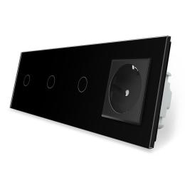 Сенсорний вимикач 3 сенсора 1 розетка Livolo чорний скло (VL-C701/C701/C701/C7C1EU-12)