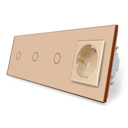 Сенсорний вимикач 3 сенсора 1 розетка Livolo золото скло (VL-C701/C701/C701/C7C1EU-13)