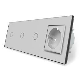 Сенсорний вимикач 3 сенсора 1 розетка Livolo сірий скло (VL-C701/C701/C701/C7C1EU-15)