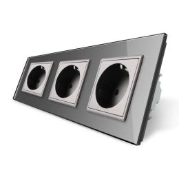 Розетка потрійна з заземленням Livolo 16А сірий скло (VL-C7C3EU-15)