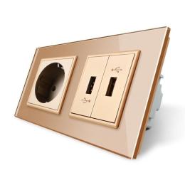 Розетка з заземленням з 2 USB розетками золотий скло Livolo (VL-C7C1EU2USB-13)
