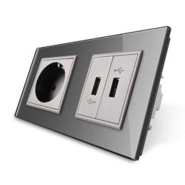 Розетка з заземленням з 2 USB розетками сірий скло Livolo (VL-C7C1EU2USB-15)