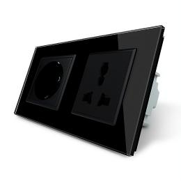 Розетка двомісна силова та універсальна чорний скло Livolo (VL-C7C1EUC1C-12)
