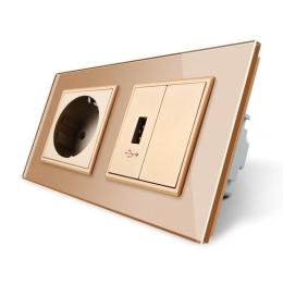 Розетка з заземленням з USB розеткою золотий скло Livolo (VL-C7C1EUUSBK0-13)