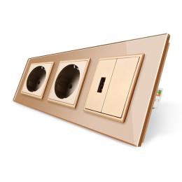 Розетка тримісна силова із заземленням та USB колір золотий скло Livolo (VL-C7C2EU1USB0-13)