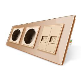 Розетка тримісна комбінована силова 2 Інтернет золотий скло Livolo (VL-C7C2EU2CK0-13)