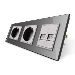 Розетка тримісна комбінована силова 2 Інтернет сірий скло Livolo (VL-C7C2EU2CK0-15)