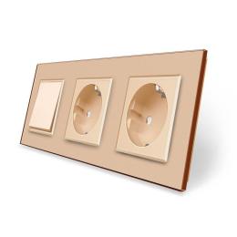 Одноклавішний вимикач з подвійною розеткою золотий скло Livolo (VL-C7C2EUK1-13)