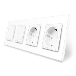 Трьохклавішний вимикач (1-2) з подвійною розеткою Livolo білий скло (VL-C7K1/K2/FCTC16A/FCTC16A-8WP)