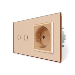 Розумний сенсорний EC вимикач 2 сенсора 1 розетка Livolo золото скло (VL-M7FC2Z2/FCTC16A-2AP