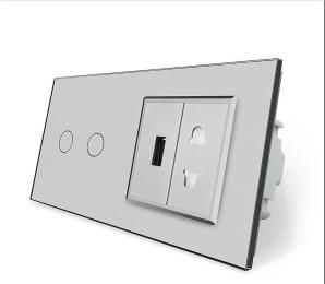 Сенсорний вимикач 2 сенсори 1 USB 1 Розетка універсальна сірий скло Livolo (VL-C702/C7USBC1A-15)
