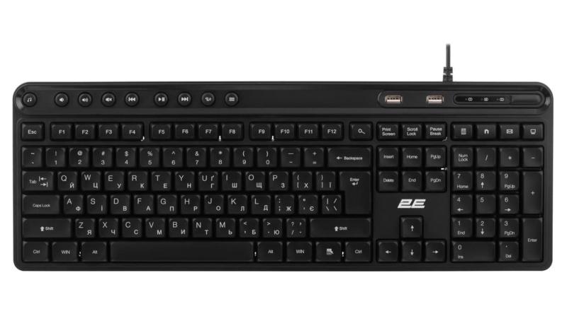 Клавіатура 2E KS1100 104key 2xUSB HUB EN/UK Black (2E-KS1100UB_UA)