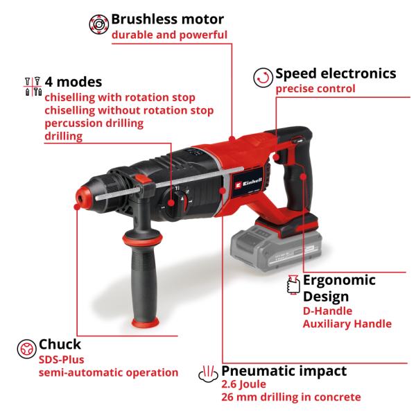 Перфоратор акумуляторний Einhell TP-HD 18/26 D Li BL-Solo (4514270) (без АКБ та ЗП), фото 12